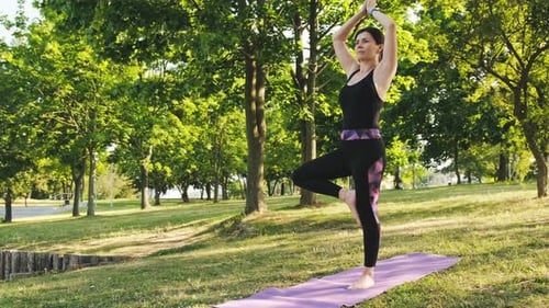Woman Practices Tree Pose Yoga in Green Park