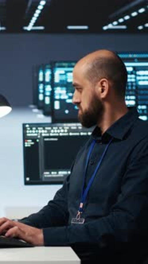 Focused Programmer Typing Code in a Server Room