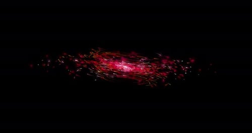 Effet de tourbillon abstrait, lignes rouges, particules flottant sur fond d'espace noir.