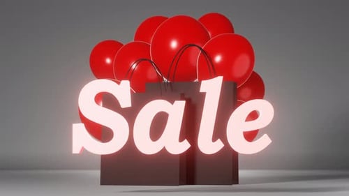 Animated Sale Text Reveal with Shopping Bags and Red Balloons