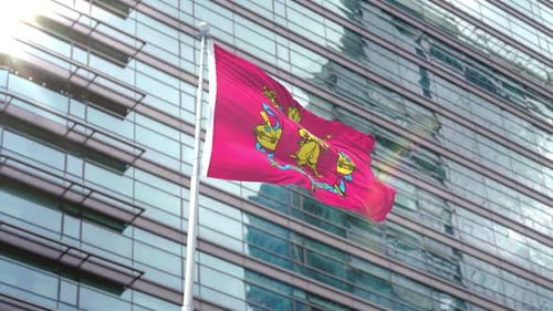 Waving Flag Animation with Detailed Coat of Arms on Modern Building