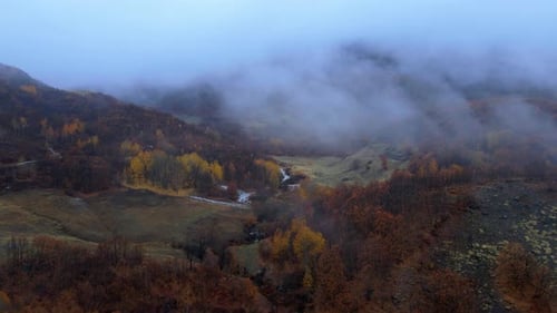 Aerial View Misty Autumn Landscape with Golden Trees and Valleys