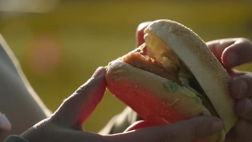 Closeup of Real Burger From Fastfood Restaurant in Hands