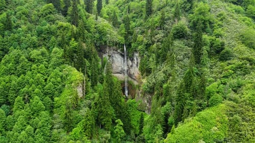Nature Waterfall Mountain Green Forest Morning Magical Landscape Trees Aerial Top View