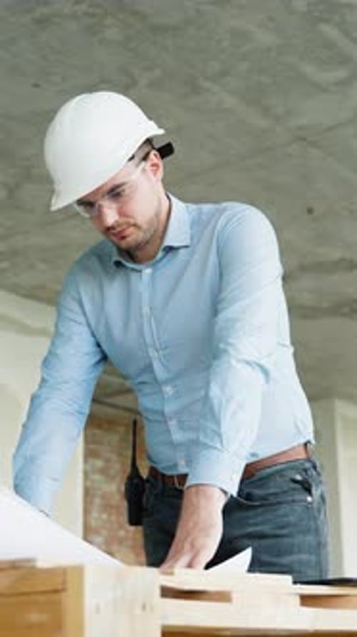 Construction Engineer Reviewing Blueprints on Site