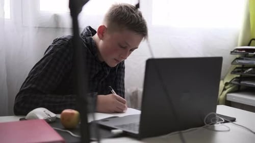 Teen Studying At Desk Writing In Notebook