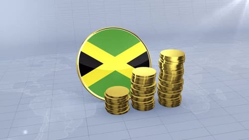 Jamaica Flag With Plain Gold Coins Tower