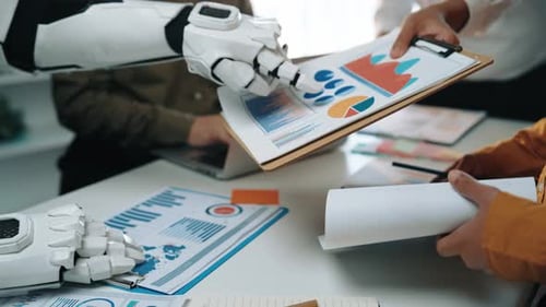 A fast-paced business meeting where AI-powered analytics help streamline marketi