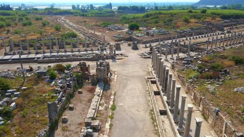 In This Captivating Aerial Stock Video the Remarkable Ruins of the Ancient City of Perge in