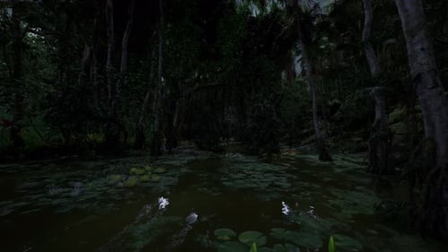 Silent Swamp Filled with Lily Pads and Reflective Water Surfaces