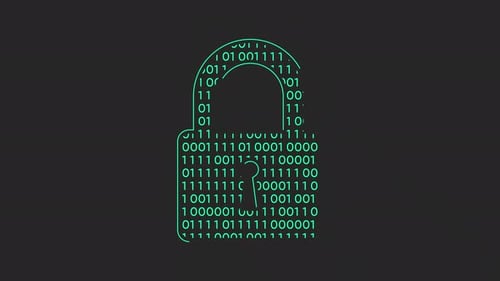 Animated Digital Padlock with Flowing Binary Code Stream