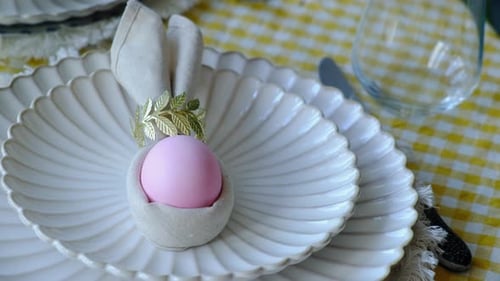 Easter Table Setting with Pink Egg and Bunny Napkin
