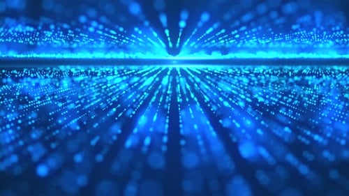 Blue light rays and shining particles seamlessly moving. Endless shining light mirror tunnel.