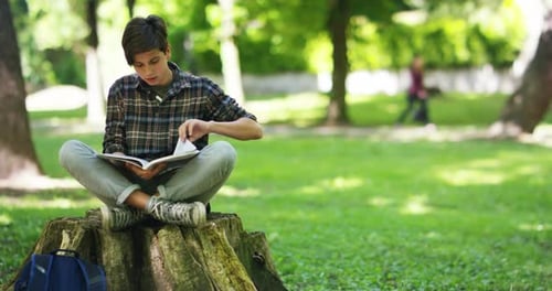 bom adolescente estudando no parque, conceito de saúde e verde urbano, estilo de vida.