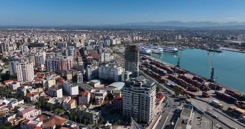 Sunny Port of Durres in Adriatic Coast - Albanian Cityscape Aerial