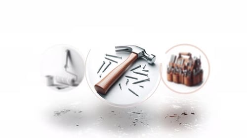 Animated rotation of Chainsaw, hammer, tool bag and paint roller. Sales show of hardware tools