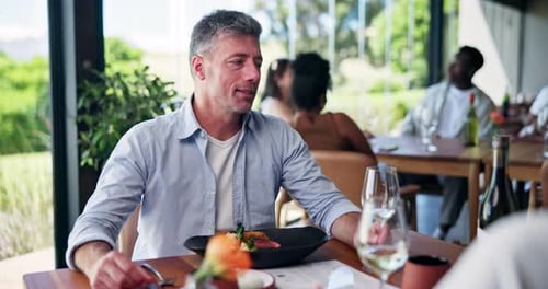 Happy couple, wine and fine dining with meal in restaurant for romantic dinner or date together