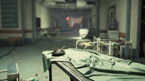 Abandoned and Destroyed Hospital Corridor with Neglected Medical Equipment