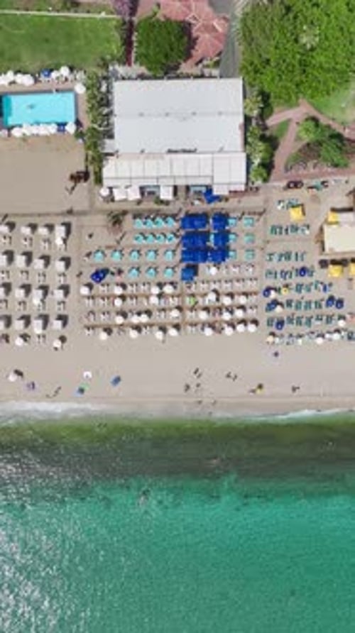 Vertical Video Busy Beach Club on the Mediterranean Coast With Relaxing Vacationers and Sparkling