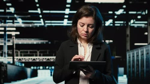 Ingeniera de Happy Data Center inspeccionando equipos de malla de estructura alámbrica azul VFX