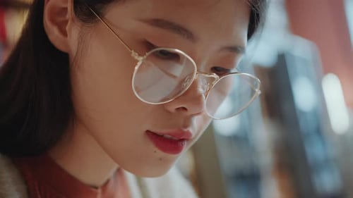 Asian Girl Writing Down Notes in Copybook at Desk in Library