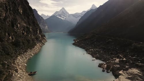aerial of Lake Paron, Pyramid Mountain, Andean Cordillera in Peru Huascaran National Park, Peruvian