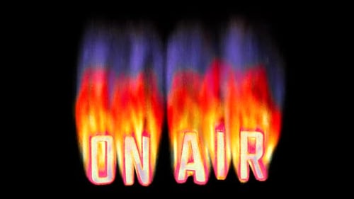 On Air: texto en llamas en forma de fuego pixelado de estilo retro. Animación 3D en bucle en alfa.