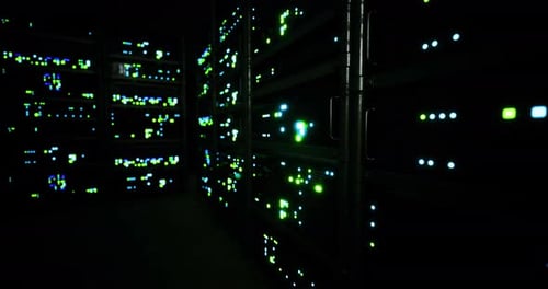 Data Center Illuminated with Bright Lights Showcasing Server Technology