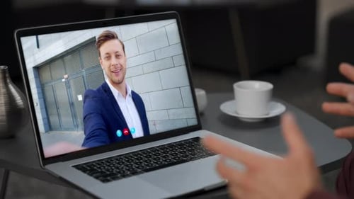 Corporate Managers Video Calling Discussing Cooperation Online Close Up