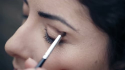 Woman Applying Eyeshadow With Cosmetic Brush, Close Up