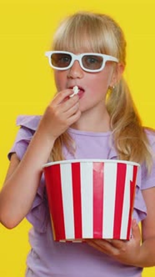 Excited Child Lady Kid Eating Popcorn Watch Tv Serial Sport Game Film Online Social Media Movie