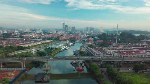Melaka (Malacca) city aerial view in the morning, Malaysia