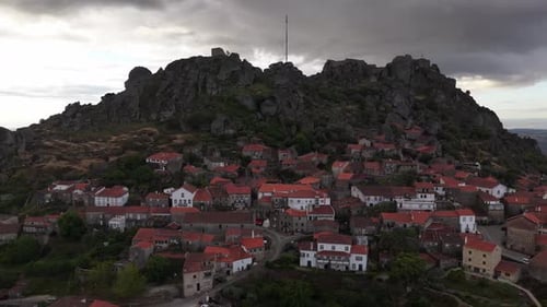 Aerial view of the Castle of Monsanto and stone houses, Portugal.