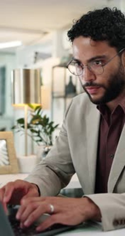 Businessman, laptop and typing with social media, message and contact or research