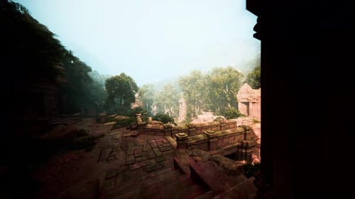 Ancient Archeological Complex Covered in Moss and Shaded By Tropical Treetops