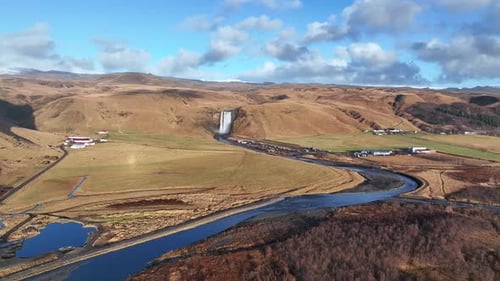 Skogafoss Waterfall And Scenic Surroundings In South Iceland - aerial pullback