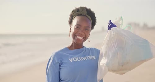 Beach, face or black woman face with plastic bag for earth day, sustainability