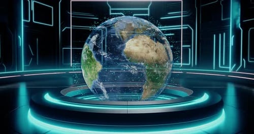 Animated Holographic Earth Globe on Futuristic Pedestal with Neon Lights