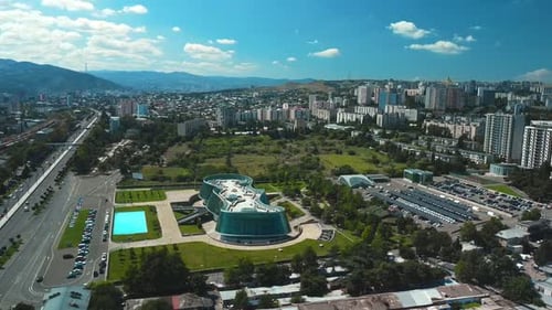 Drone Shot of the Glass Building of the Ministry of Internal Affairs of Georgia in Tbilisi