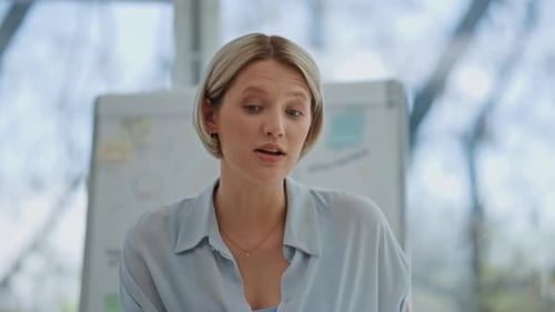 Conference Speaker Making Presentation Big Window Office Close Up Woman Talking