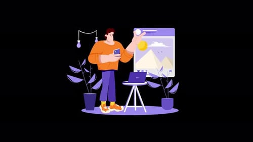 Animated Flat Design Illustration: Man Engaged with Social Media App