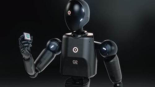 Visualisierung eines fortschrittlichen humanoiden Roboters, der den CPU-Prozessor auf dem Motherboard mit KI-Symbol hält