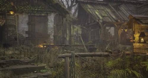 Mysterious Rustic Village at Dusk Revealing Secrets of Ancient Craftsmanship