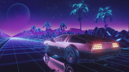 Loop Car and Background Neon Retro Wave 80s Style