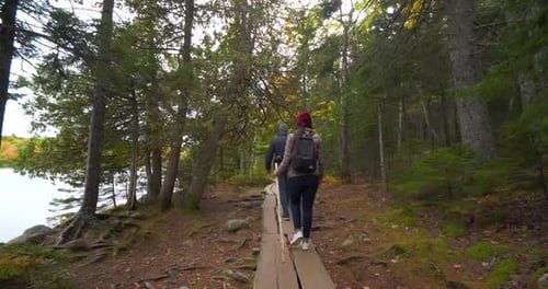 Man & Woman Hiking Through Forest Along Lake, Wilderness