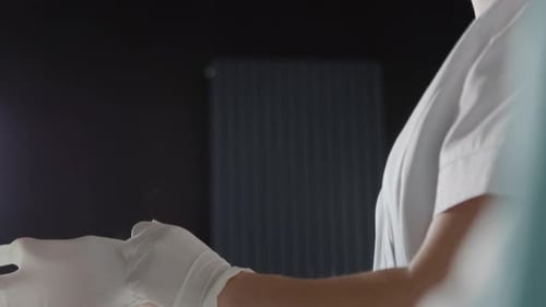 Close Up Hands Woman Wearing White Gloves in Modern Clinic Health Care Protection Concept Hospital