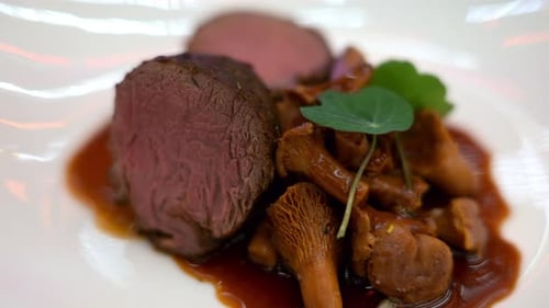 Filet mignon beef stake with mushrooms at a restaurant