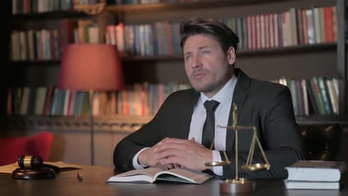 Pensive Male Lawyer Reading Law Book, Preparing for Court