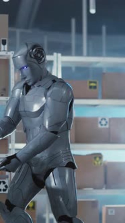 Charismatic Dancing Robot Cyborg Carrying and Sorting Delivery Carton Boxes in Workshop Storage Room