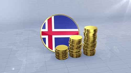 Iceland Flag With Plain Gold Coins Tower